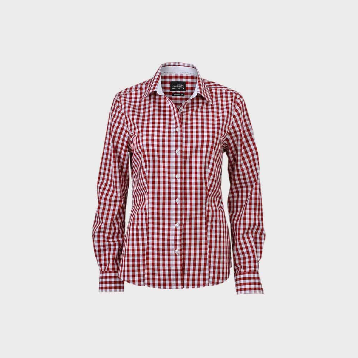 A long-sleeved, button-up check blouse for women with a red and white check pattern. The shirt has a collar and a tailored fit on a white background.