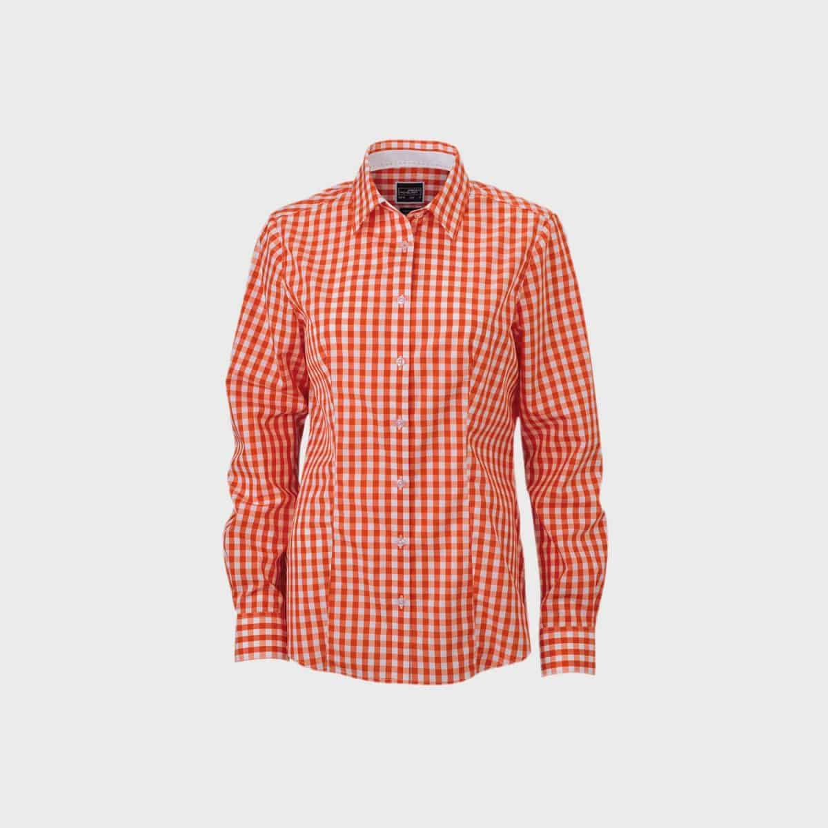 A long-sleeved women's checked blouse with a collar in an orange and white checked pattern is depicted on a plain white background.