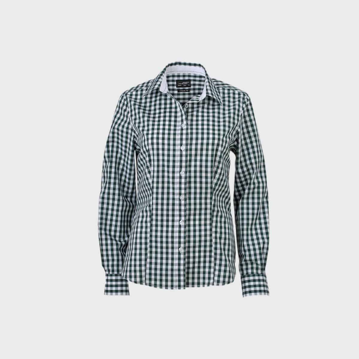 We present the women's check blouse - a long-sleeved blouse with a classic green and white check pattern. It has a standard collar and cuffed sleeves for an elegant look.