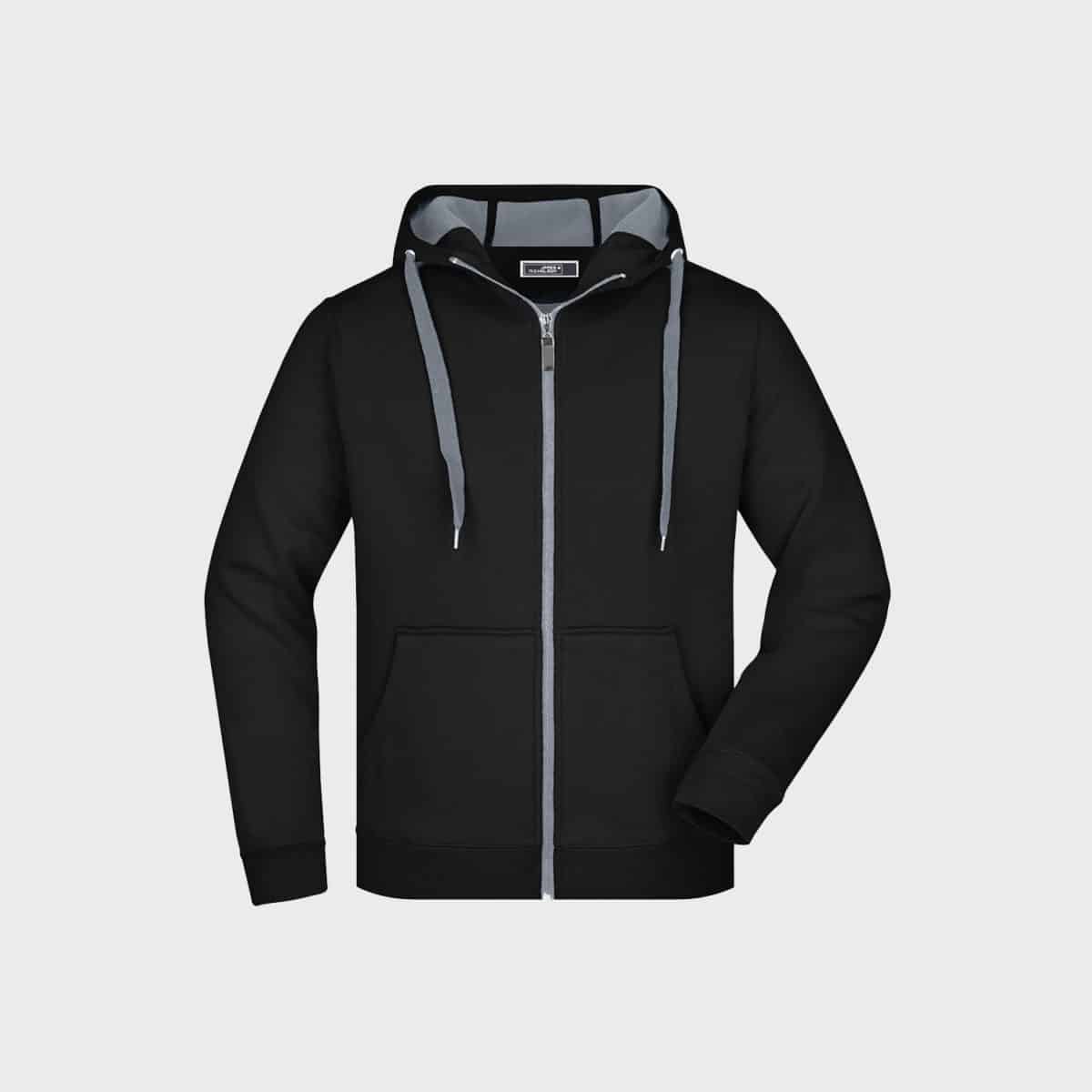 Die zweifarbige Herren-Sweatjacke ist ein schwarzer Kapuzenpullover mit Reißverschluss für Männer mit einer grau gefütterten Kapuze mit grauen Kordeln. Sie hat lange Ärmel, einen Reißverschluss vorne und zwei Vordertaschen, alles auf einem schlichten weißen Hintergrund.