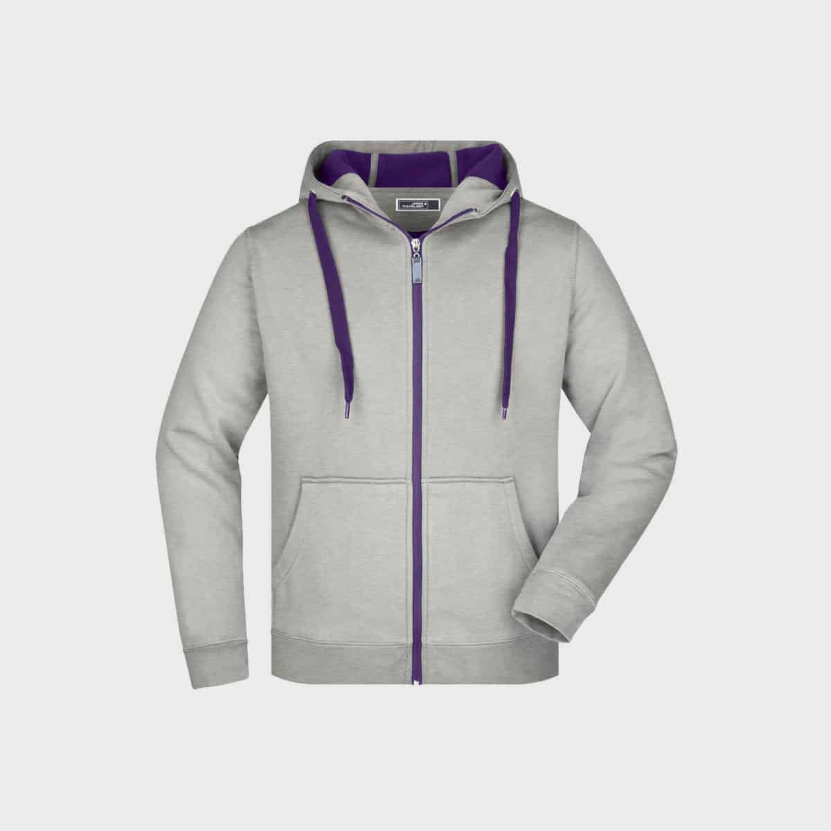 The two-tone men's sweat jacket is a light grey hoodie with a purple lining and matching purple cords. This hoodie has a front zipper, two pockets and long sleeves. It can be seen on a plain white background.