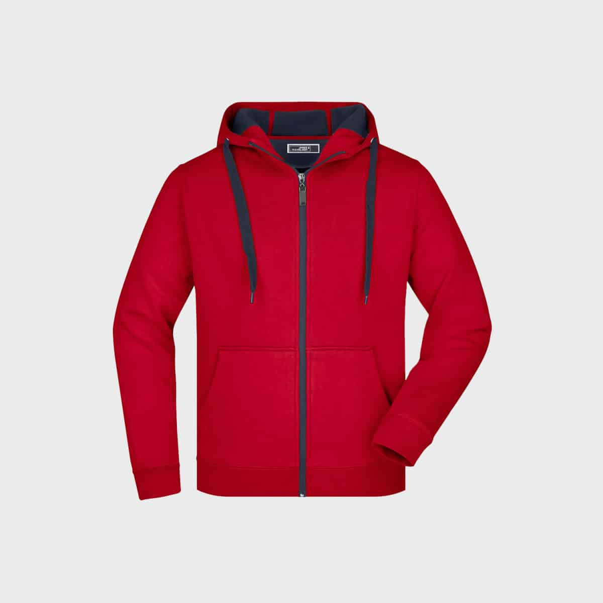 Eine zweifarbige Herren-Sweatjacke in Rot mit dunkelblauem Innenfutter und Kordelzug. Dieser Hoodie hat einen Reißverschluss vorne, zwei Vordertaschen und lange Ärmel auf einem schlichten hellgrauen Hintergrund.