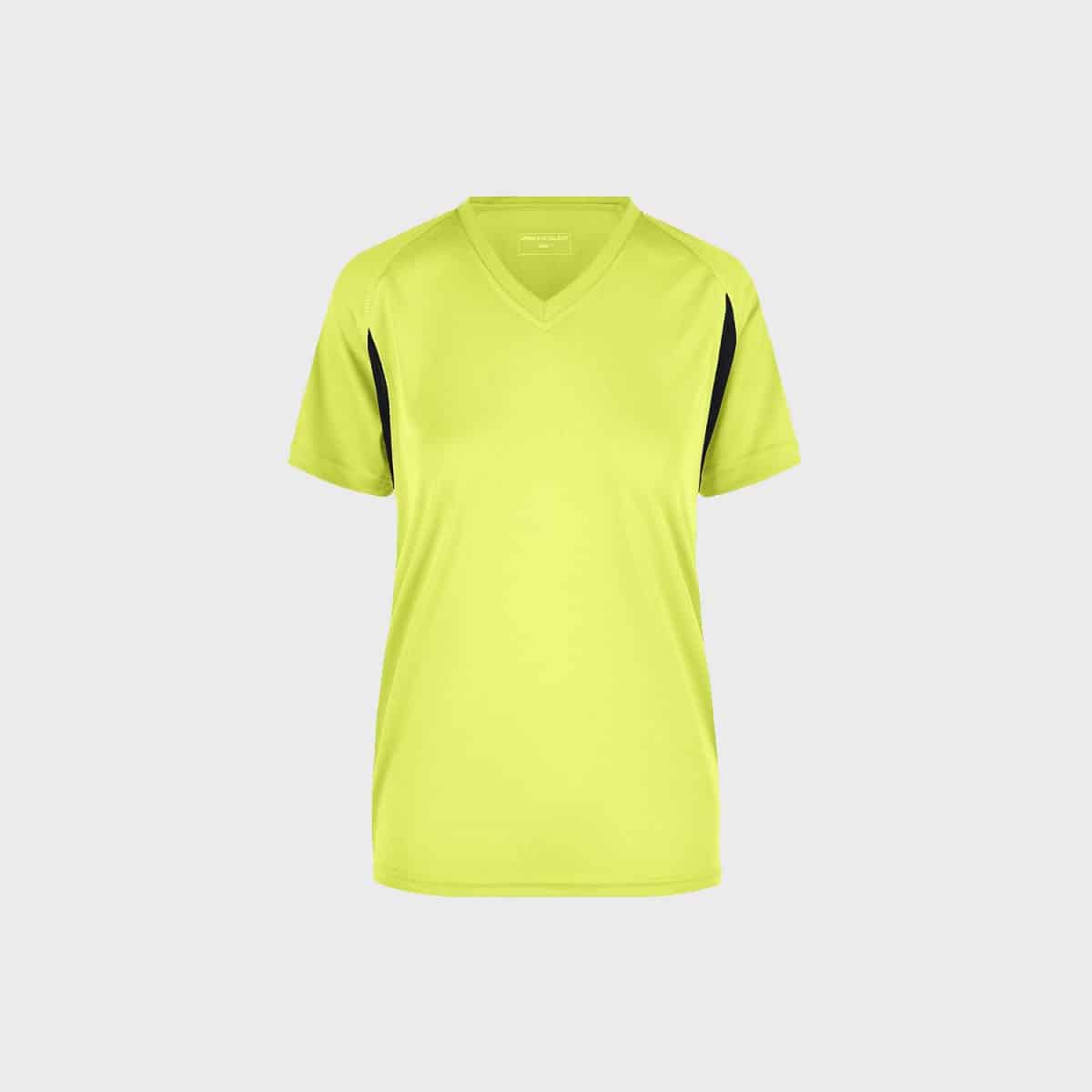 Ein kurzärmliges, neongelbes atmungsaktives Lauf-T-Shirt für Damen mit V-Ausschnitt. Dieses sportliche T-Shirt hat schwarze Akzente an den Seiten und ist aus atmungsaktivem Material gefertigt. Das Shirt ist auf einem schlichten weißen Hintergrund abgebildet.