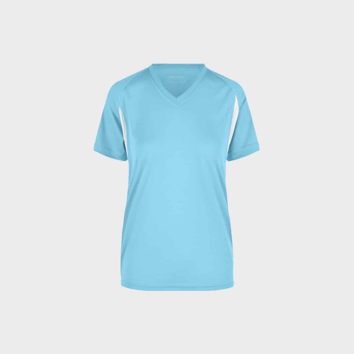 A simple light blue short-sleeved shirt with a V-neck on a white background. The shirt has a smooth texture, is designed for a casual fit, and is labeled "Breathable Running T-Shirt for Women."