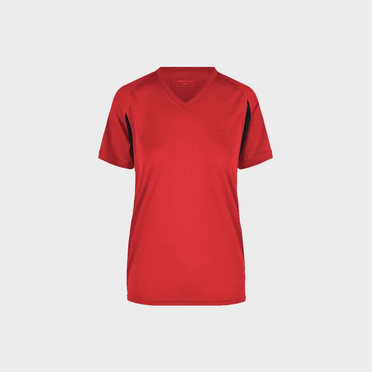 The breathable running T-shirt for women in red with a short-sleeved design, V-neck, and black accents on the sides of the sleeves is displayed against a plain white background.