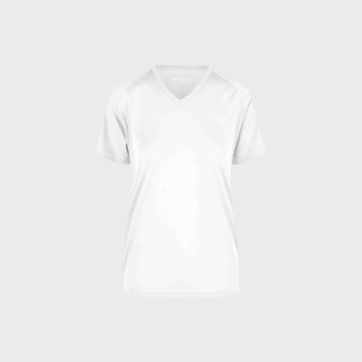 Ein schlichtes weißes kurzärmliges atmungsaktives Lauf-T-Shirt für Damen mit V-Ausschnitt auf neutralem grauem Hintergrund. Das T-Shirt aus leichtem, atmungsaktivem Stoff weist keine Logos oder Designs auf.