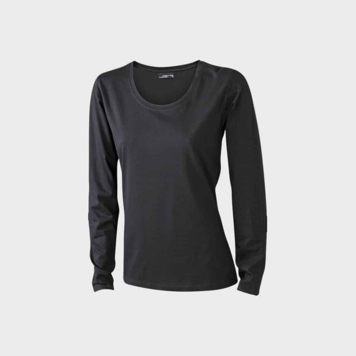 Ein schlichtes schwarzes Langarmshirt für Damen ist auf einem hellgrauen Hintergrund abgebildet. Das Langarmshirt mit Rundhalsausschnitt hat ein schlichtes Design ohne sichtbare Logos oder Muster und wirkt mit geraden Ärmeln und einer entspannten Passform tailliert.