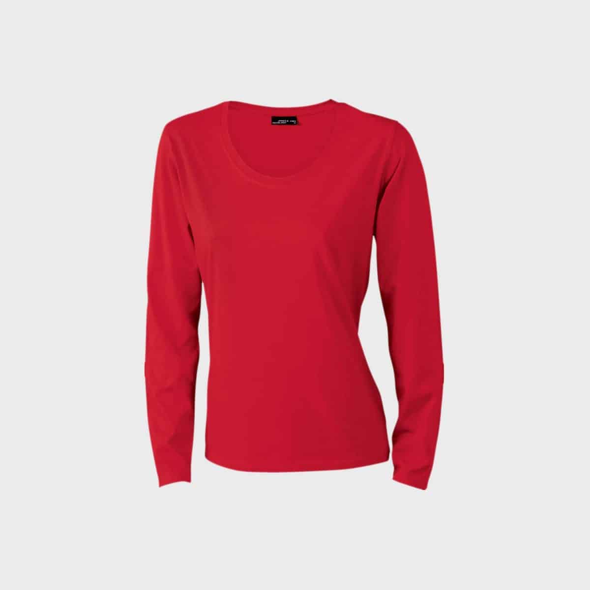 A plain red women's long-sleeved shirt with a round neckline is presented on a white background. The shirt has a casual fit with no visible patterns or designs.