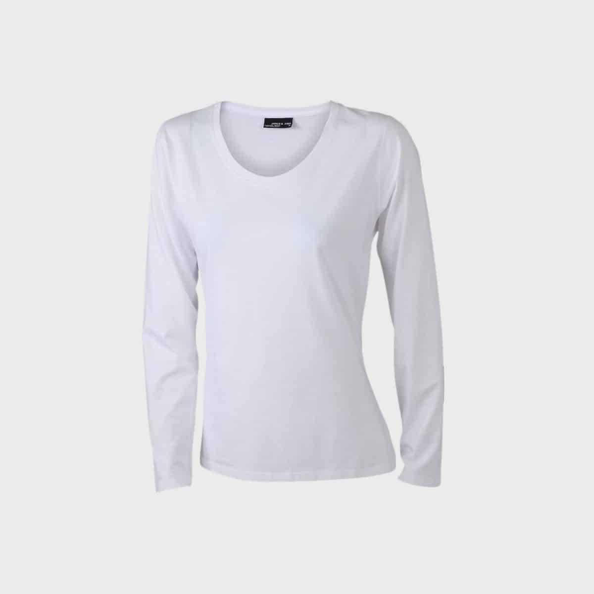 Ein schlichtes weißes Damen-Langarmshirt mit Rundhalsausschnitt wird vor einem weißen Hintergrund angezeigt. Das Shirt hat ein einfaches und klares Design ohne sichtbare Logos oder Grafiken.