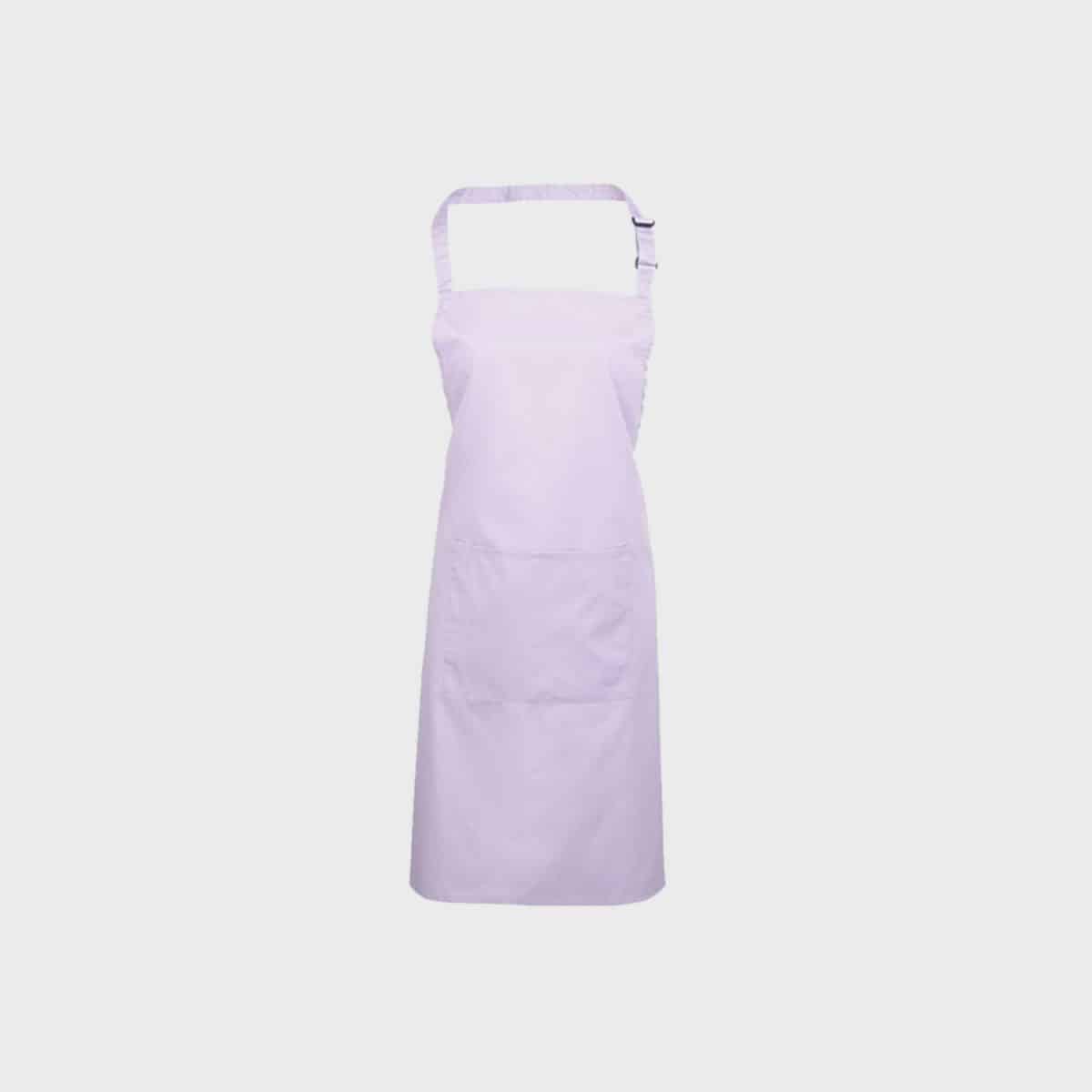 Eine pastellviolette PREMIER WORKWEAR Latzschürze mit Tasche ist vor einem schlichten weißen Hintergrund abgebildet. Sie verfügt über einen verstellbaren Nackenriemen und eine große Tasche auf der Vorderseite, was ihr schlichtes und klares Design unterstreicht.