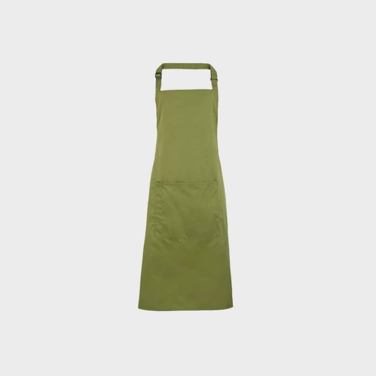 A PREMIER WORKWEAR bib apron with pocket with adjustable neck strap and two front pockets, on a plain white background. This long apron is designed for maximum coverage and protection.