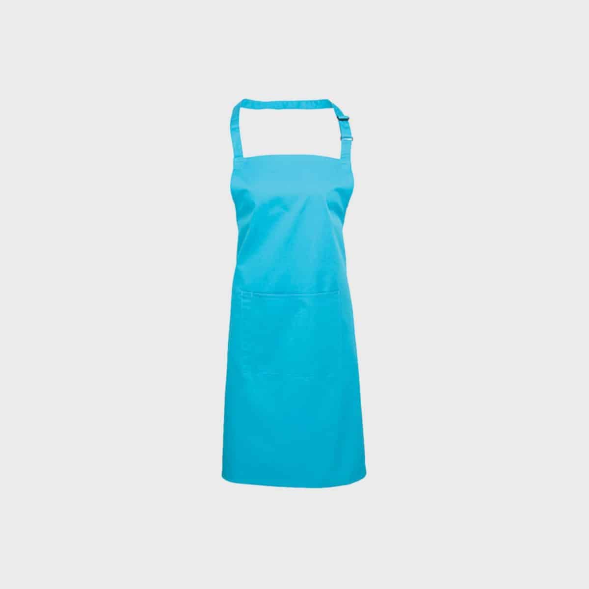 Eine leuchtend blaue Latzschürze von PREMIER WORKWEAR ist auf einem schlichten weißen Hintergrund abgebildet. Die Schürze verfügt über einen verstellbaren Nackenriemen und eine große Vordertasche. Der Stoff wirkt glatt und strapazierfähig und eignet sich daher für den Einsatz in der Küche oder beim Basteln.