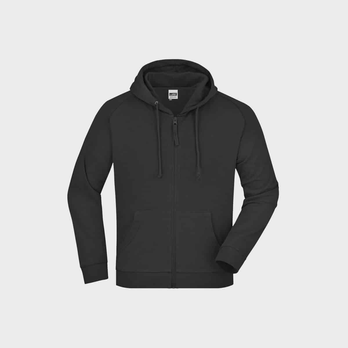 The black hooded jacket for men with long sleeves and a full-length zipper at the front can be seen on a plain white background. This hoodie for men has two front pockets and drawstrings on the hood.