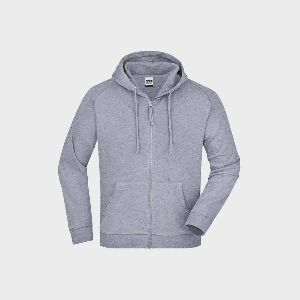 Die Kapuzenjacke für Herren in Hellgraumeliert hat eine Kapuze mit Kordelzug, lange Ärmel, Vordertaschen und einen durchgehenden Reißverschluss auf der Vorderseite. Sie ist auf einem schlichten weißen Hintergrund abgebildet.