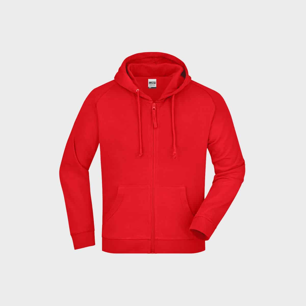 Eine leuchtend rote Kapuzenjacke für Herren mit einem Reißverschluss vorne, verstellbarem Kordelzug an der Kapuze und zwei Vordertaschen, präsentiert auf einem schlichten weißen Hintergrund.