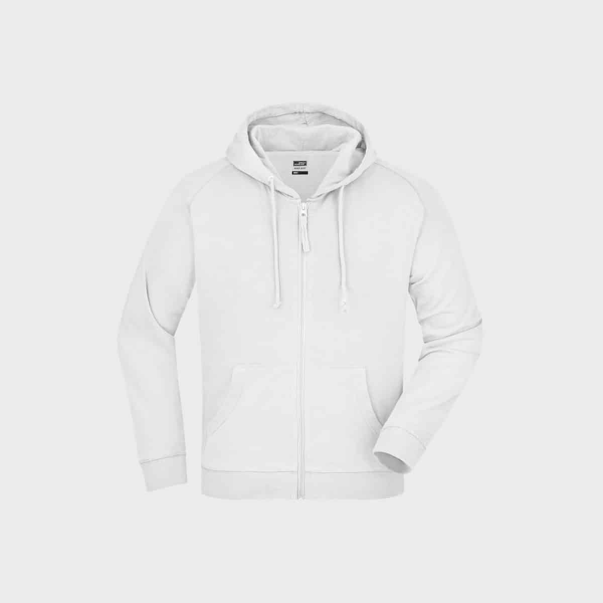 Eine schlichte weiße Kapuzenjacke für Herren mit Kapuze und Vordertaschen, mit Kordelzug zum Verstellen der Kapuze. Der Kapuzenpullover mit Reißverschluss hat lange Ärmel mit gerippten Bündchen und einen gerippten Saum, was ihn zu einem lässigen und bequemen Kleidungsstück macht.