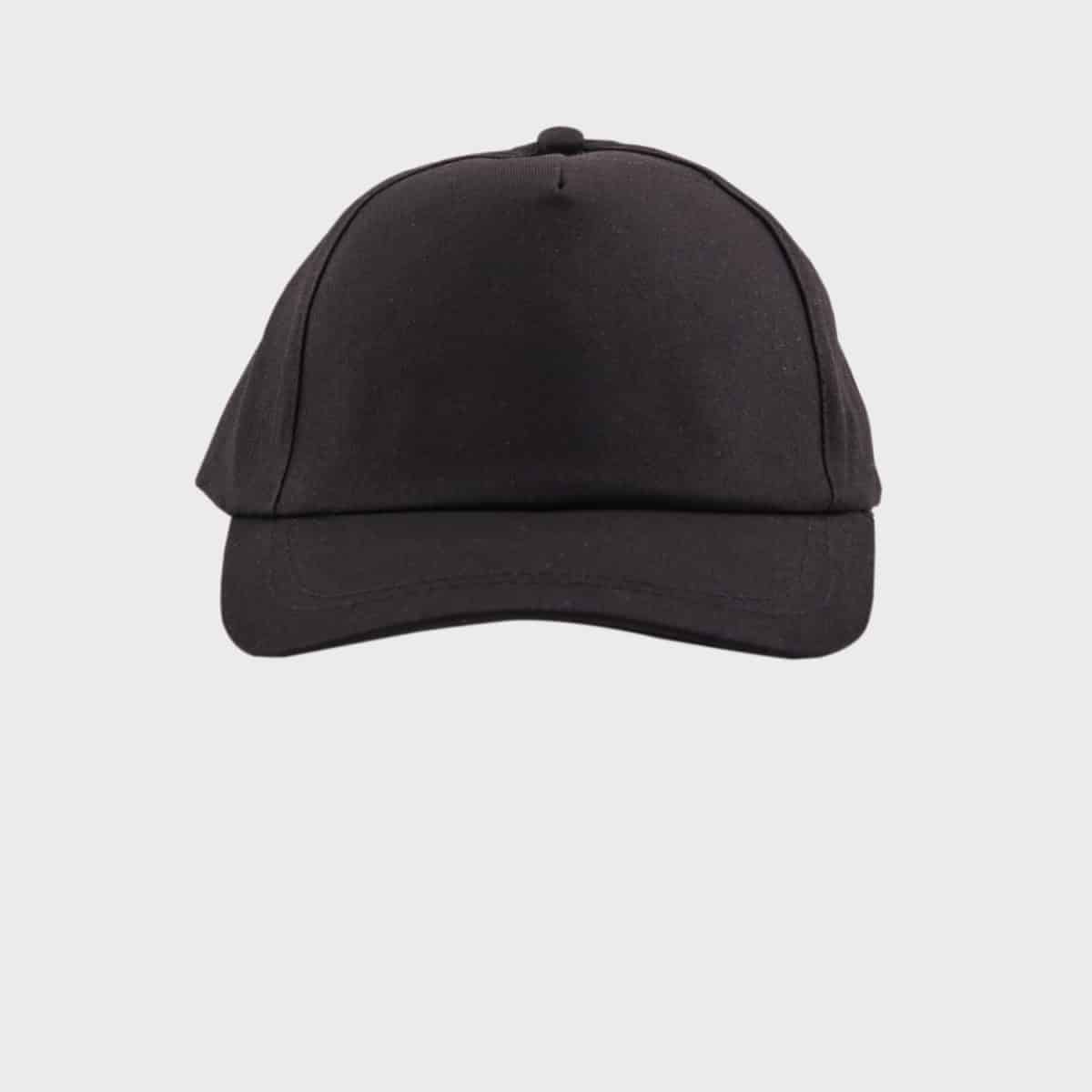 A MYRTLE BEACH baseball promo cap with a curved brim and structured crown is seen against a plain, light gray background. This sleek black cap appears to be made of solid fabric with no visible logos or embellishments.