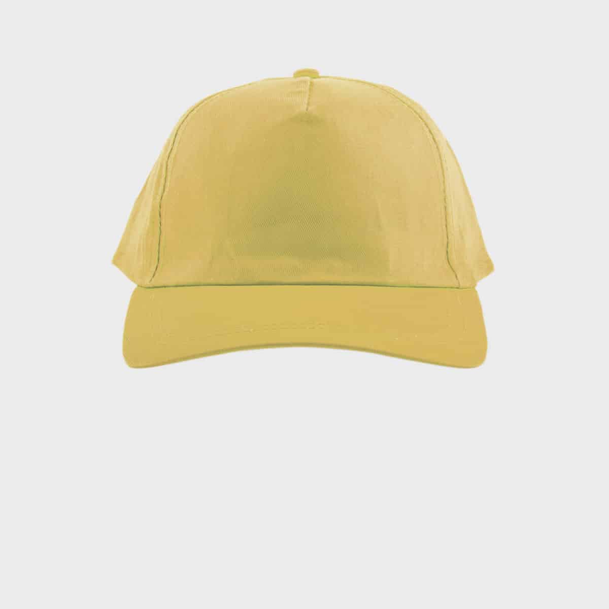 Eine MYRTLE BEACH-Baseball-Promo-Kappe mit einem schlichten gelben Design mit gebogener Krempe und einem Knopf oben, der an das sonnige Myrtle Beach erinnert und auf einem weißen Hintergrund abgebildet ist.