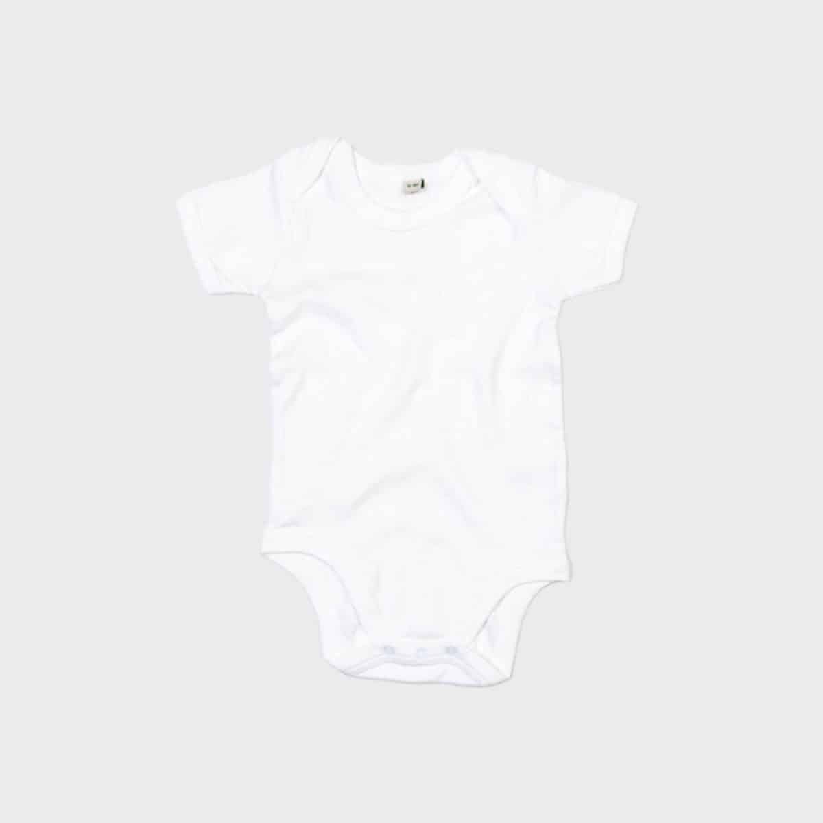 A short-sleeved bodysuit for babies in white on a plain light gray background. This one-piece has a round neckline, leg openings with press studs for effortless diaper changes and appears to be made from a soft fabric.