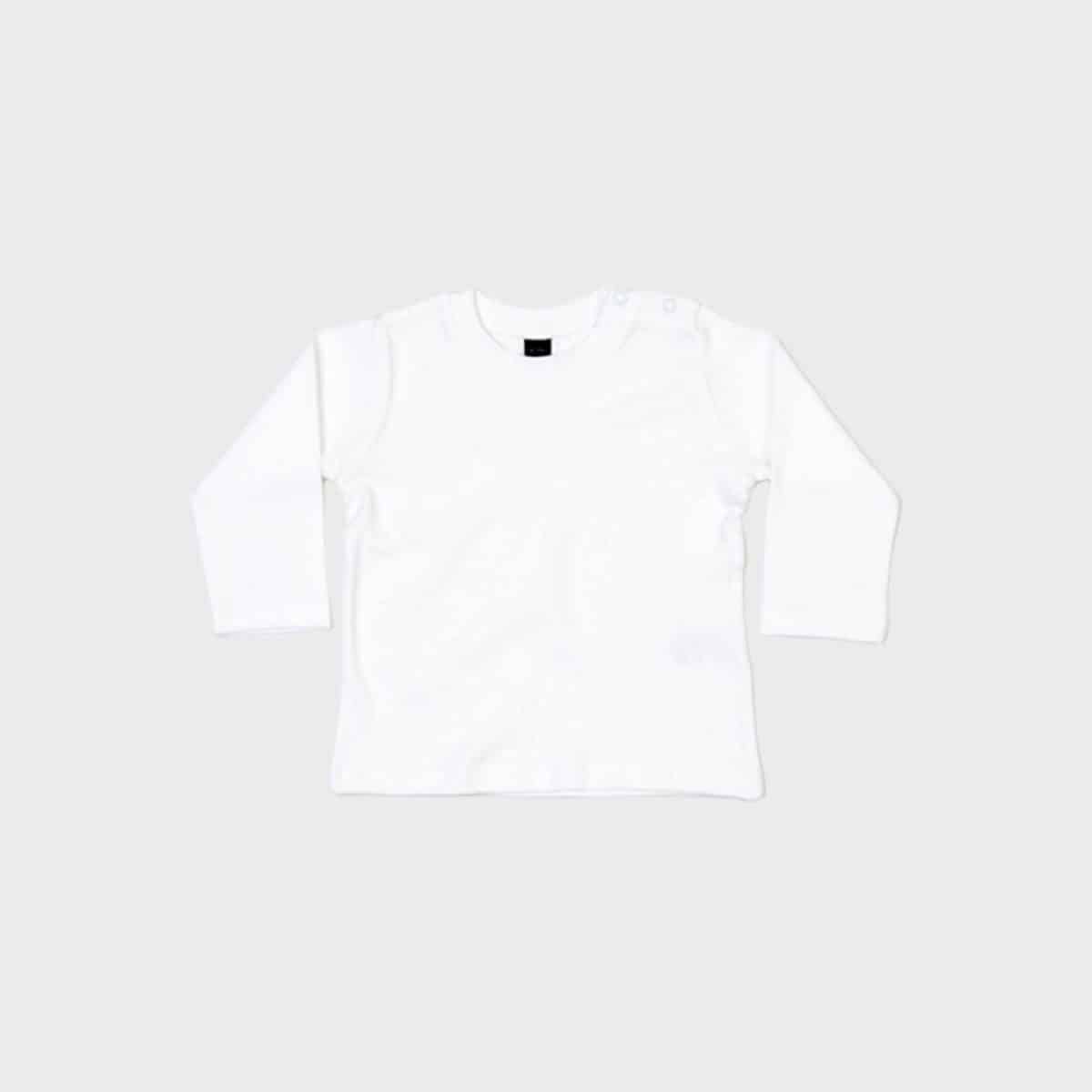 A plain white baby long-sleeved T-shirt lies flat on a light gray background, showing two small buttons on the left shoulder.