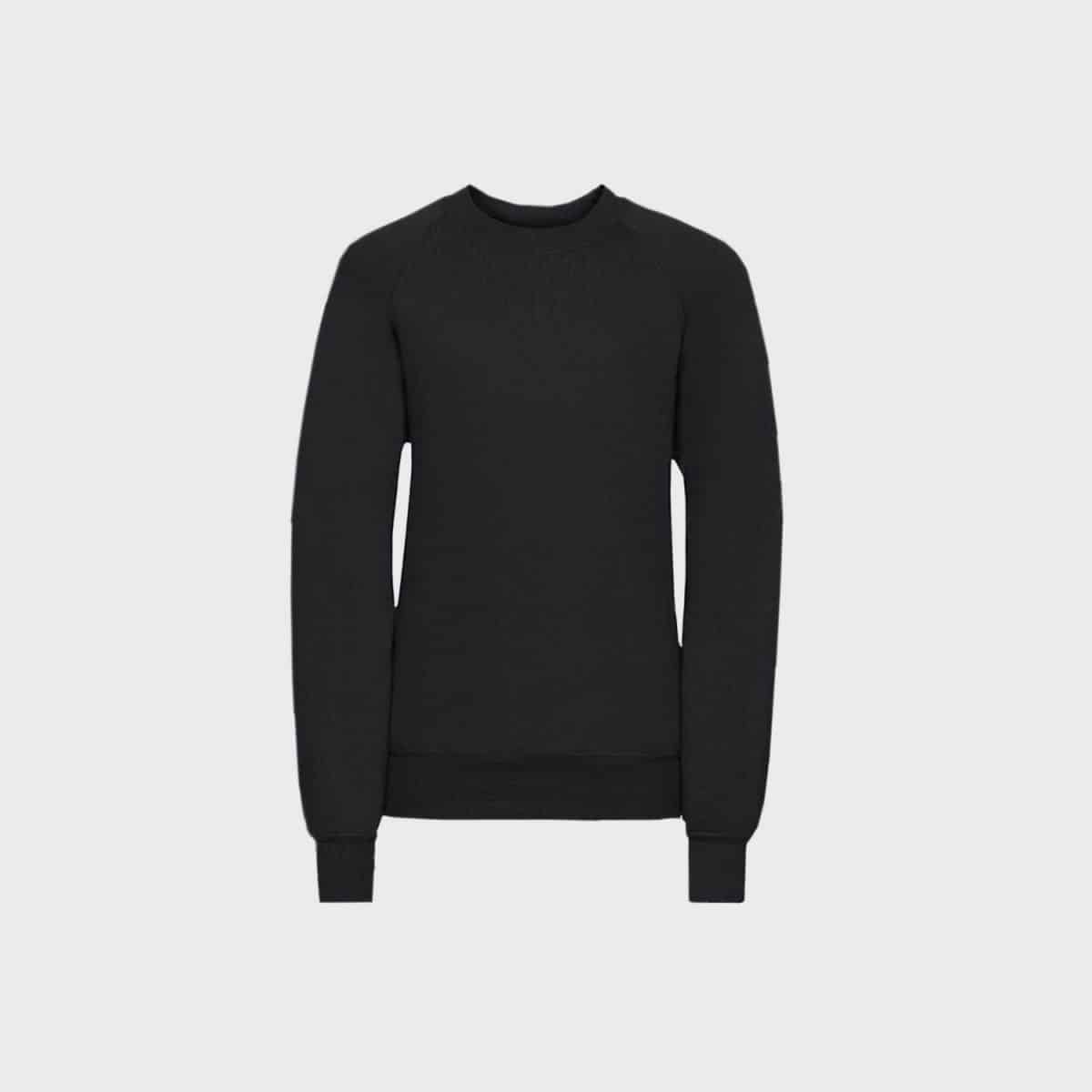 A junior sweatshirt in plain black with a round neckline and long sleeves stands out well against a white background. It is characterized by a simple design, complemented by ribbed cuffs, neckline and hem.
