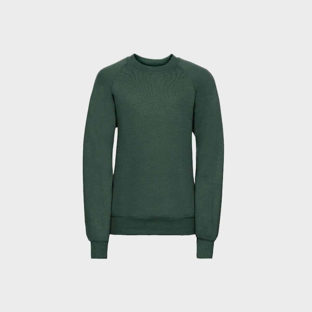 The junior sweatshirt is a forest green long-sleeved sweater with a round neckline and ribbed cuffs. It has a simple, casual design and appears to be made from a soft, comfortable material. The background is plain white.