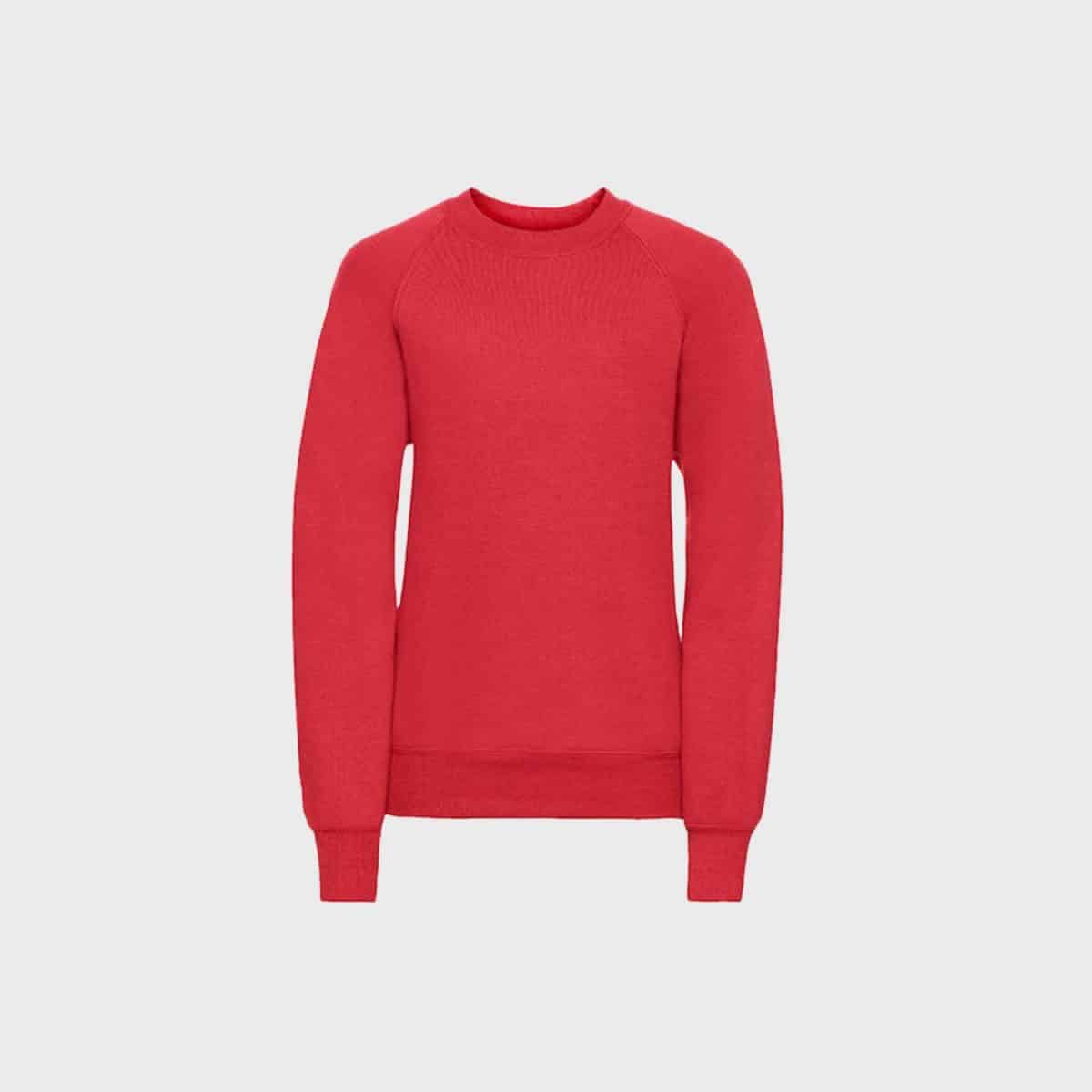 Das Junior-Sweatshirt ist ein schlichtes rotes Langarmoberteil mit Rundhalsausschnitt. Es verfügt über einen gerippten Kragen, Bündchen und Saum, der für eine bequeme Passform sorgt und gleichzeitig ein schlichtes und klassisches Design aufweist.