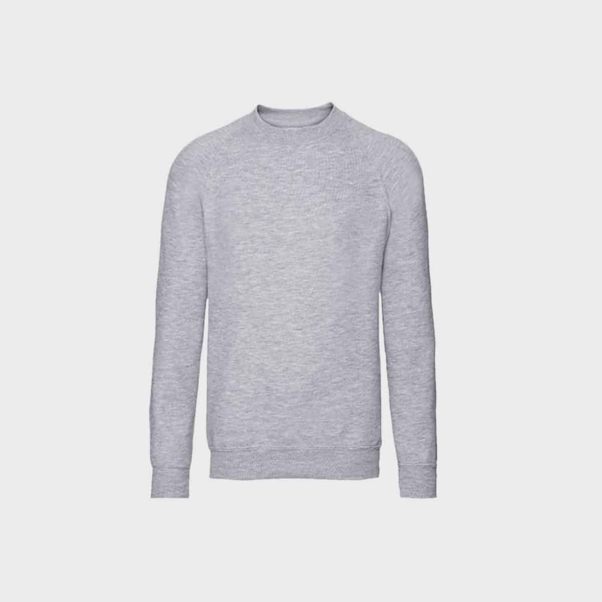 Wir präsentieren das Junior-Sweatshirt, eine gemütliche, hellgraue Option mit Rundhalsausschnitt für Junioren. Der Stoff sieht weich aus und hat eine dezent melierte Textur, ergänzt durch gerippte Bündchen und Saum für eine ideale Passform. Dieses Langarm-Sweatshirt wird auf einem sauberen weißen Hintergrund präsentiert.