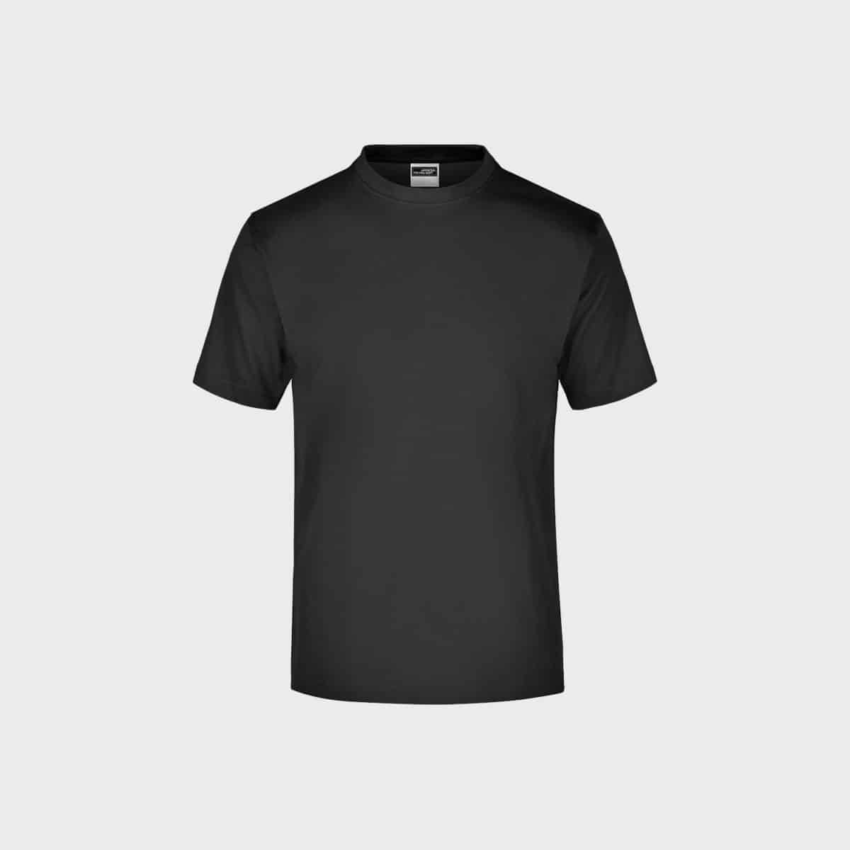 A simple black short-sleeved men's T-shirt with a round neckline is shown on a light gray background. The shirt has a simple round neck design with no visible logos, patterns, or additional features. It looks clean and neat, making it suitable for leisure wear.