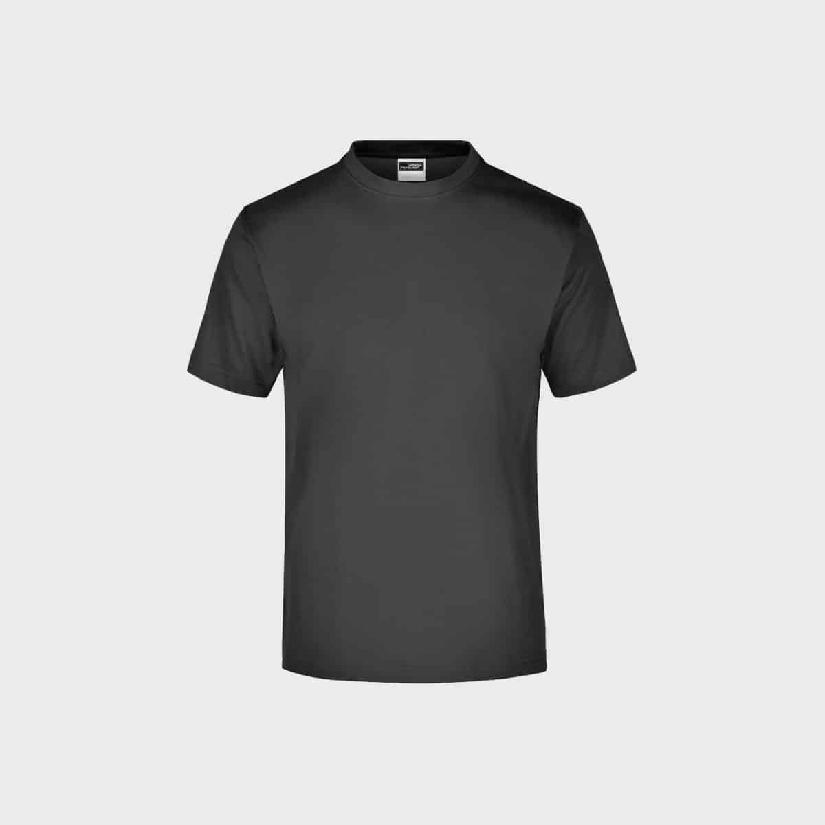 Ein schlichtes, schwarzes Herren-T-Shirt mit kurzen Ärmeln auf hellgrauem Hintergrund. Das T-Shirt hat einen runden Rundhalsausschnitt und scheint aus weichem, legerem Stoff zu bestehen. Auf dem T-Shirt sind keine Logos, Designs oder Muster zu sehen.