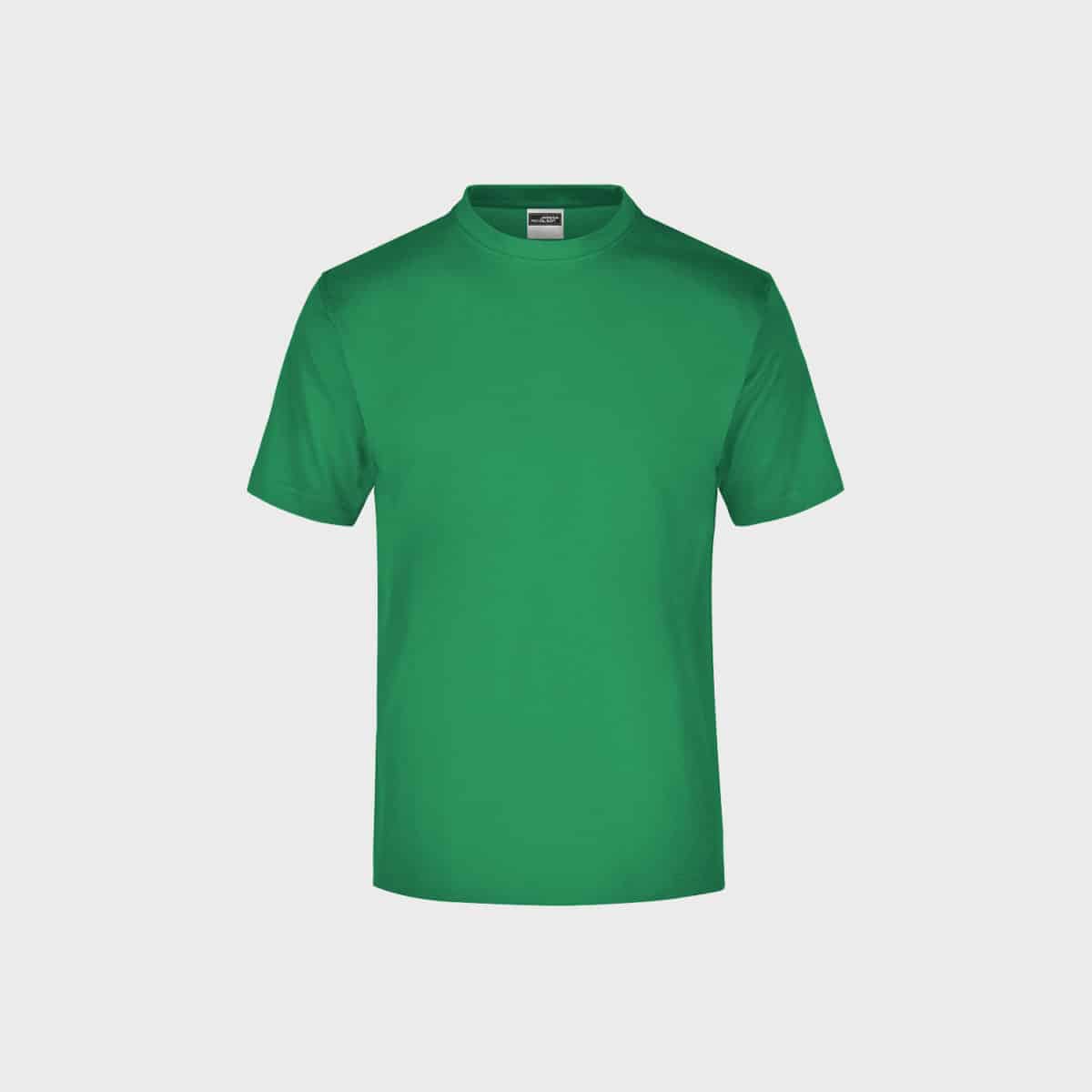 Das Herren Round T-Shirt ist ein schlichtes grünes Rundhals-T-Shirt für Herren mit kurzen Ärmeln und Rundhalsausschnitt auf weißem Hintergrund. Das Shirt hat ein schlichtes Design ohne sichtbare Muster oder Logos.