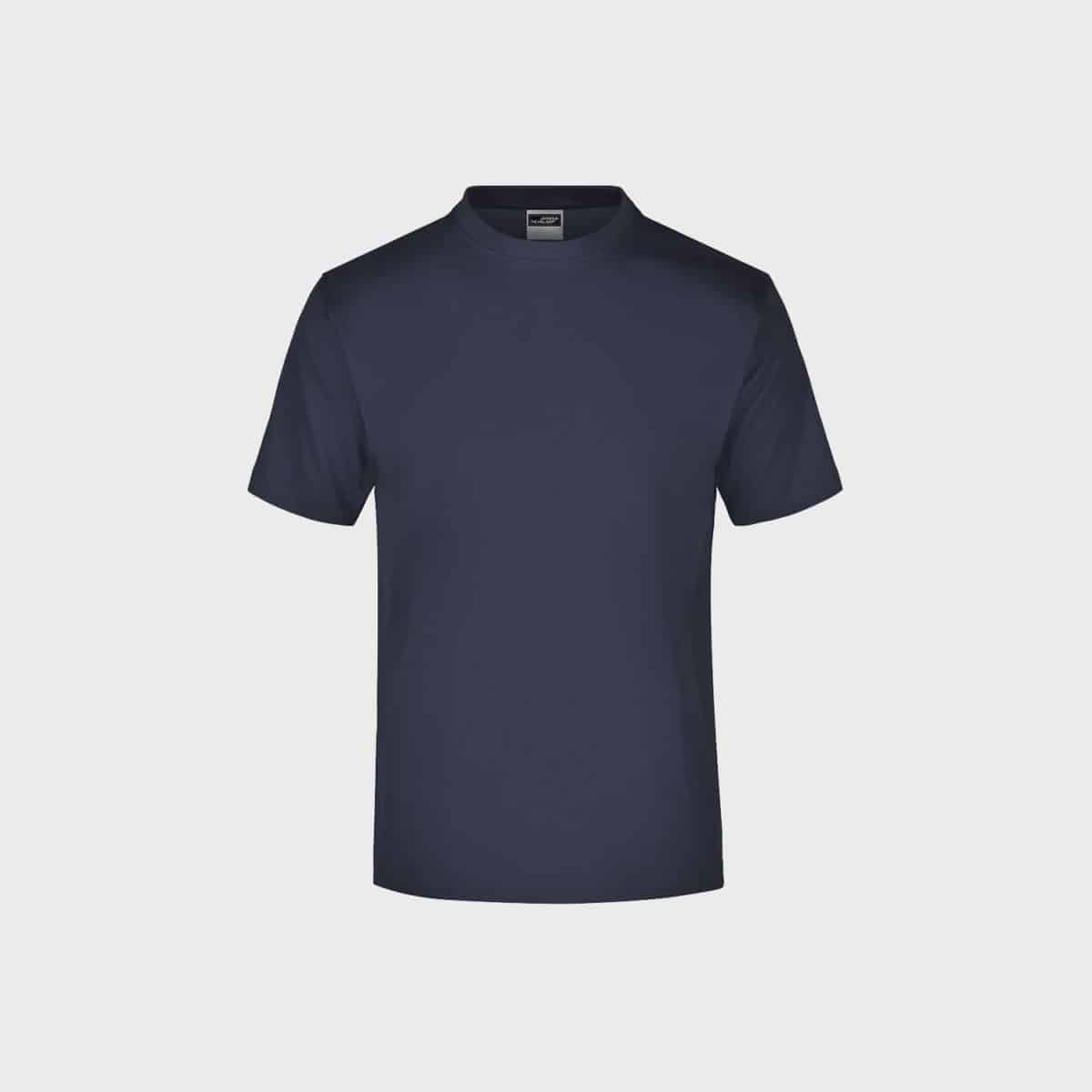 Ein schlichtes marineblaues Herren-T-Shirt mit kurzen Ärmeln auf weißem Hintergrund. Das Shirt hat einen Rundkragen und keine sichtbaren Logos oder Designs.
