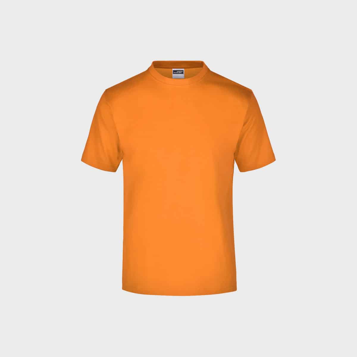 Ein schlichtes orangefarbenes rundes Herren-T-Shirt mit kurzen Ärmeln ist auf einem weißen Hintergrund abgebildet. Das Shirt hat einen einfachen Rundhalsausschnitt ohne sichtbare Logos oder Designs.