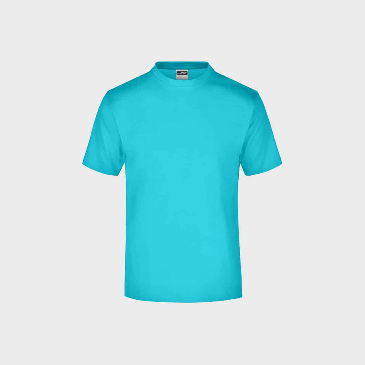 Das Herren Round T-Shirt in einem kräftigen Türkiston hat schlichte kurze Ärmel und einen klassischen Rundhalsausschnitt vor hellgrauem Hintergrund. Der Stoff sieht glatt aus und das Shirt hat eine normale Passform.