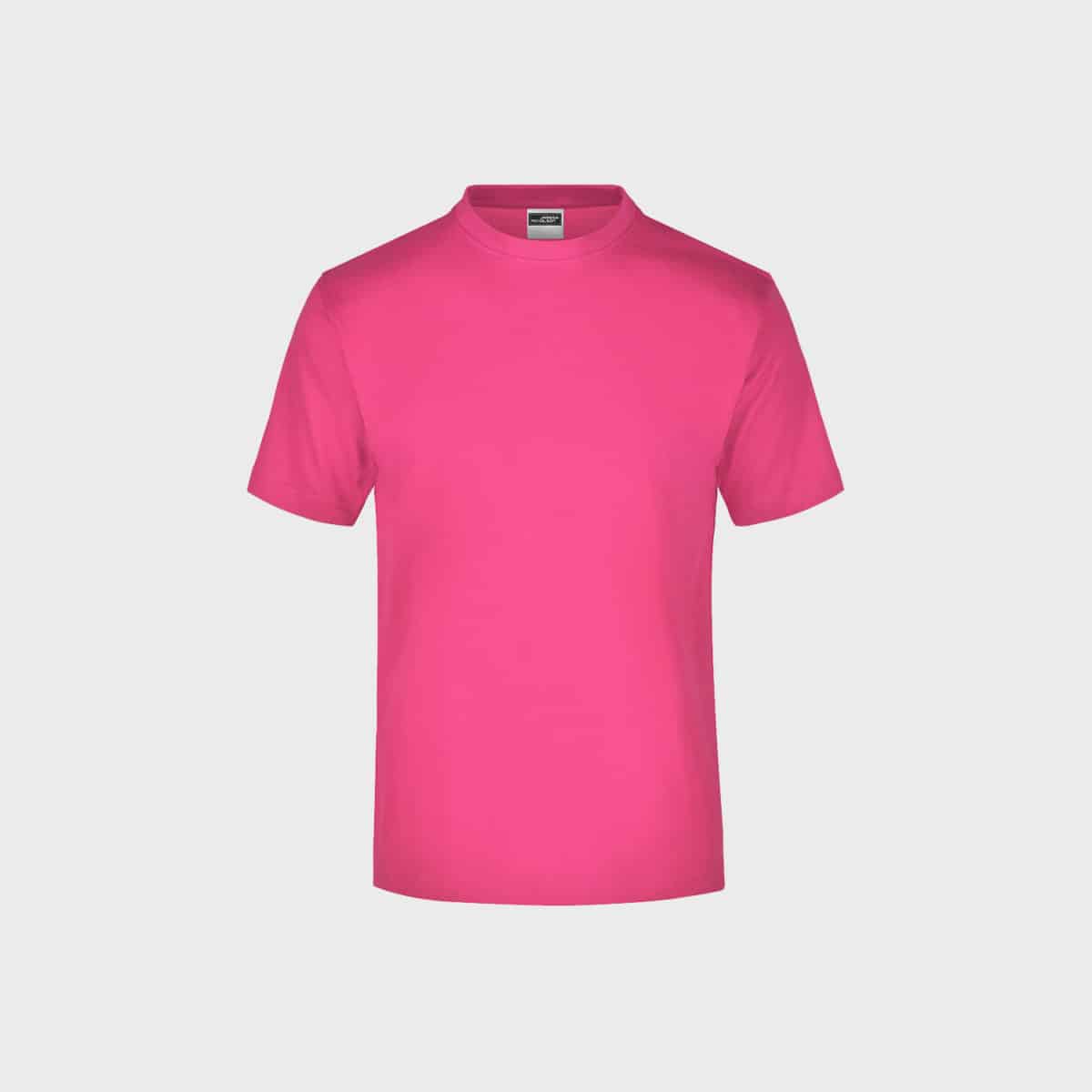 Ein rundes Herren-T-Shirt in leuchtendem Pink mit einem einfachen und klassischen Kurzarmdesign und rundem Rundhalsausschnitt wird vor einem schlichten weißen Hintergrund angezeigt.