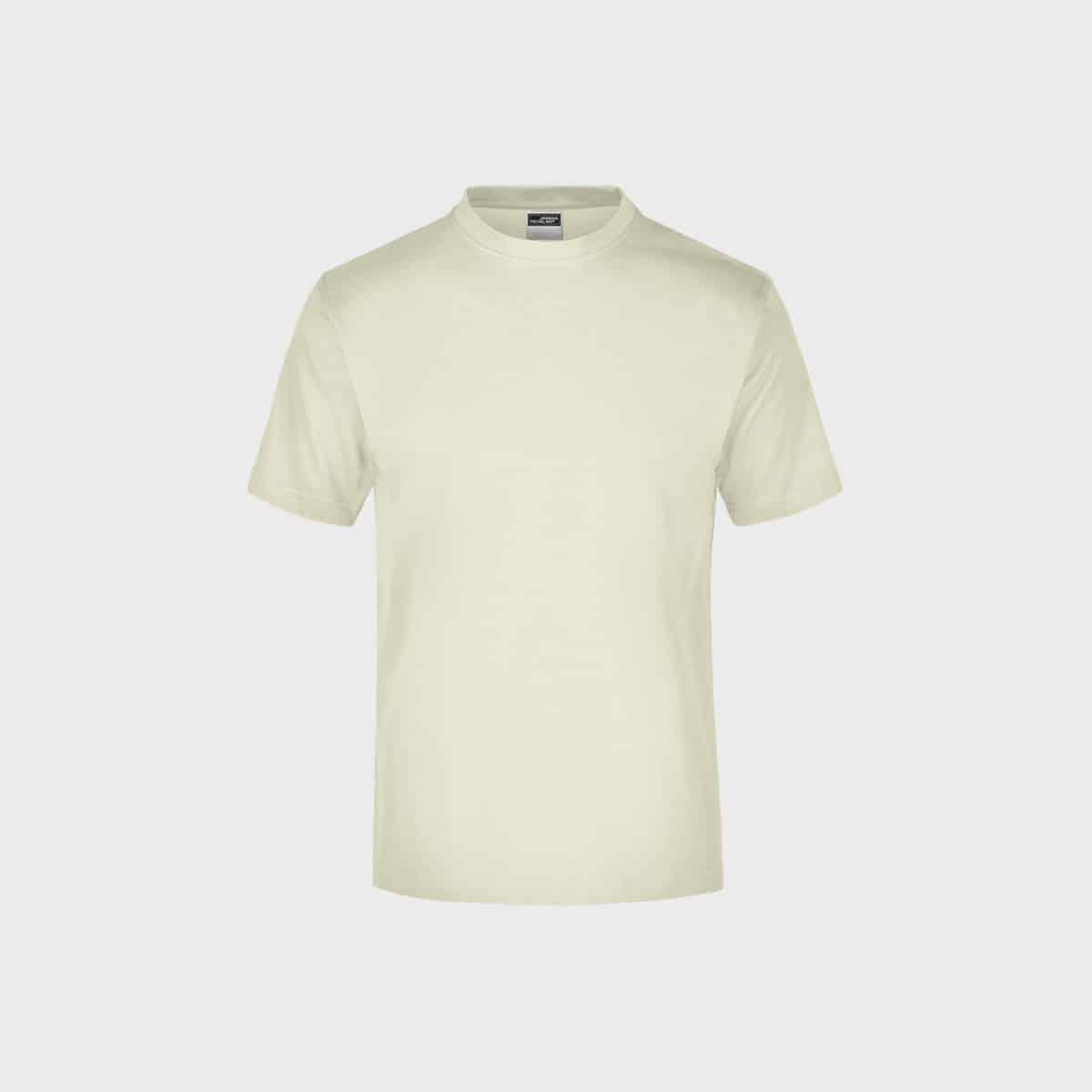A round men's T-shirt in plain light yellow with short sleeves and a round neckline is shown on a white background. The shirt features a clean, simple design with no visible patterns or logos.