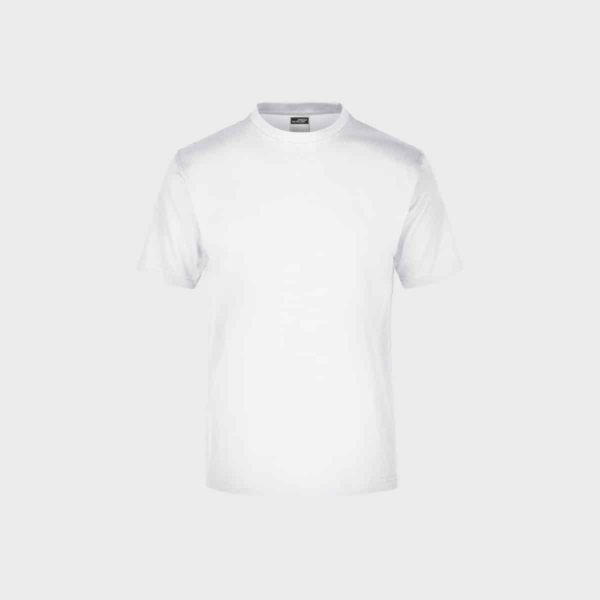 Ein schlichtes weißes rundes Herren-T-Shirt ist vor einem hellgrauen Hintergrund abgebildet. Das T-Shirt mit Rundhalsausschnitt hat kurze Ärmel und ein klares, minimalistisches Design ohne sichtbare Logos oder Muster.