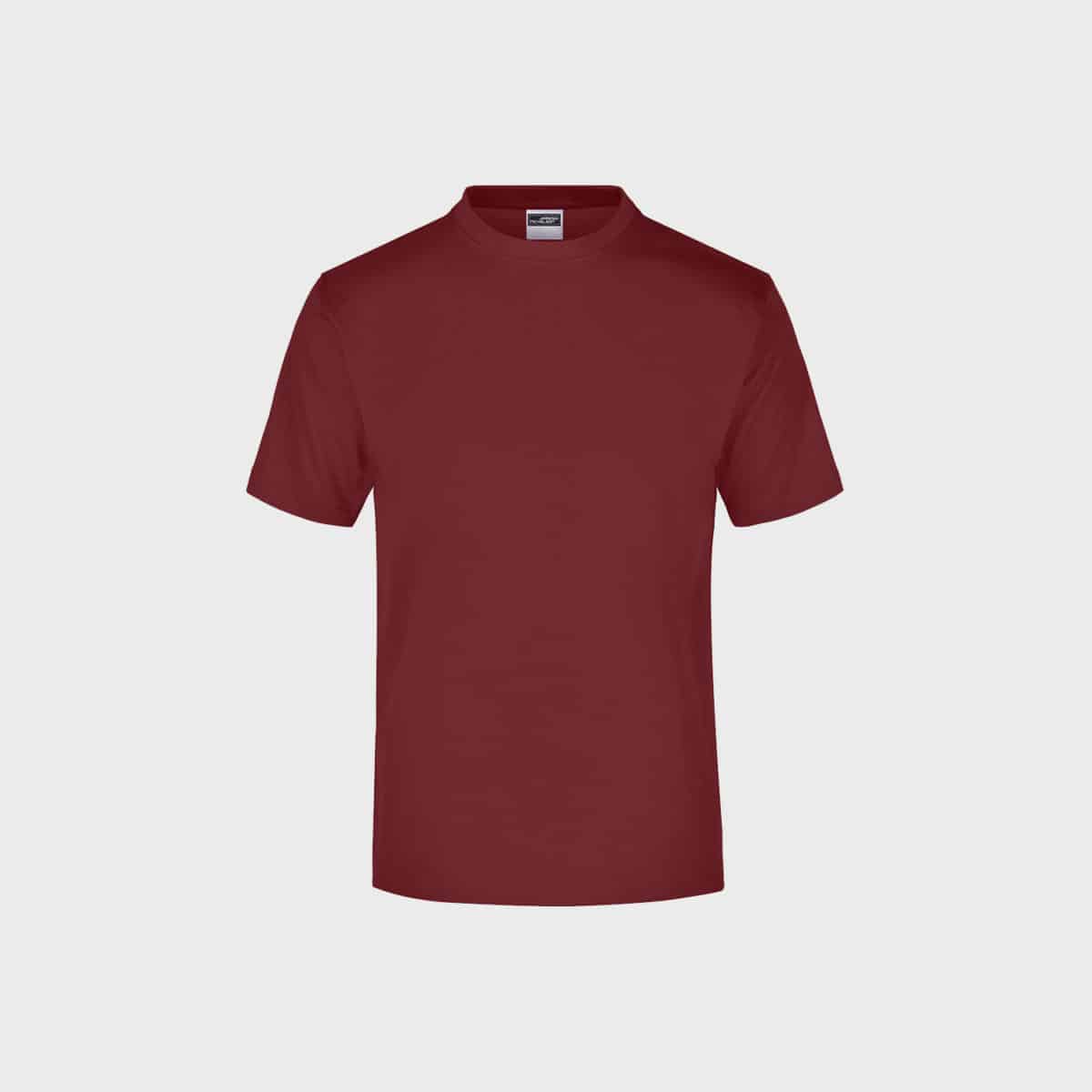 A simple, short-sleeved men's T-shirt in chestnut brown is shown on a white background. The T-shirt has a round neckline and no visible logos or designs.