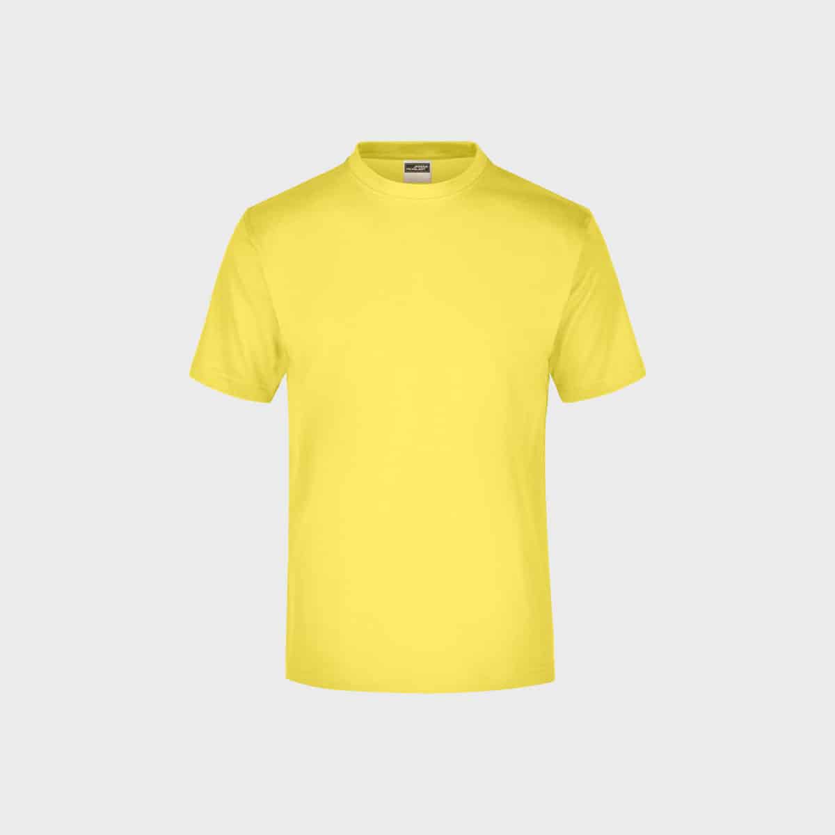Ein rundes Herren-T-Shirt in schlichtem Gelb ist auf hellgrauem Hintergrund abgebildet. Das T-Shirt hat kurze Ärmel, einen Rundhalsausschnitt und ein schlichtes, einfarbiges Design.