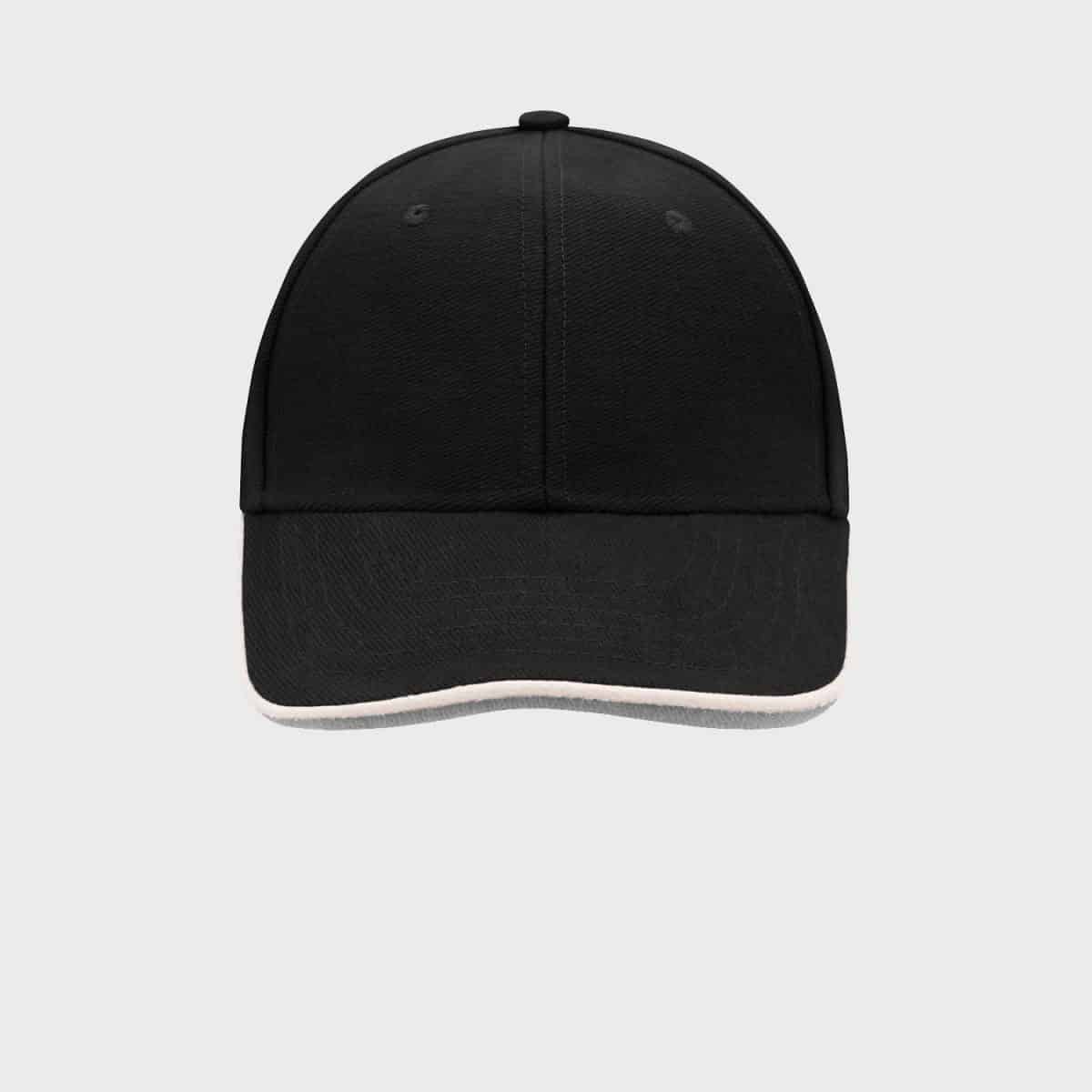 The MYRTLE BEACH Double Sandwich Cap is a Myrtle Beach-inspired, forward-facing black baseball cap with a curved peak. It features a simple and unadorned design with a slight sheen on the fabric. The visor has a contrasting white edge along the brim that stands out against a neutral light gray background.