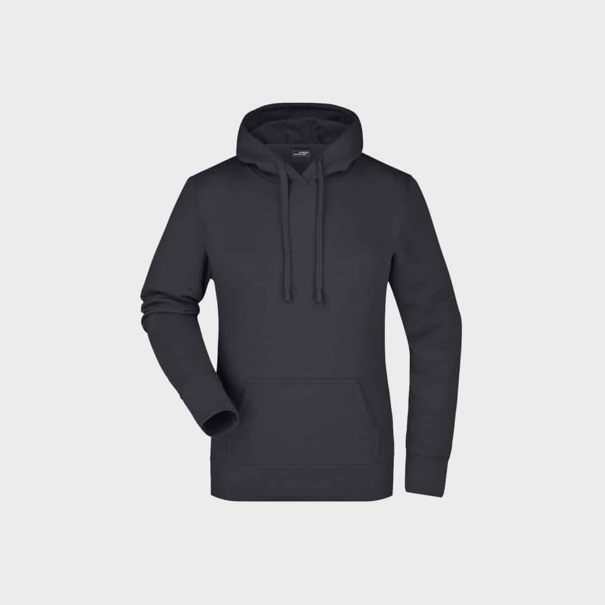 A simple, dark gray hooded sweatshirt for classic women with a kangaroo pocket at the front and a drawstring hood on a light gray background. The long-sleeved sweatshirt has a simple, casual design, ideal for fans of classic women's clothing.