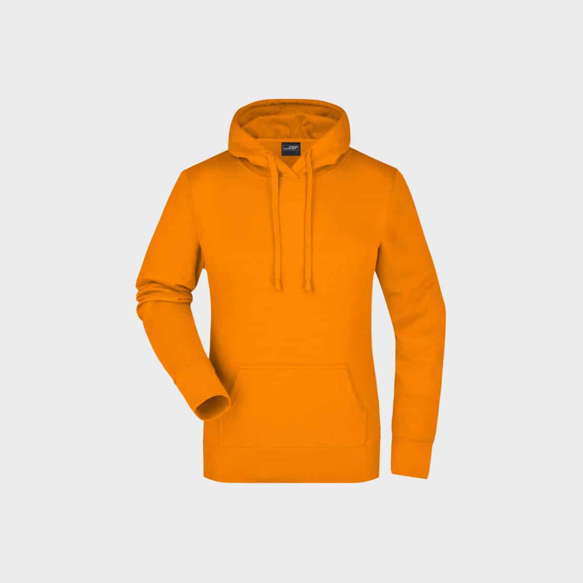 Ein klassischer Damen-Hoodie in Orange, komplett mit langen Ärmeln, einer Beuteltasche vorne und Kordelzug, auf einem schlichten hellgrauen Hintergrund. Dieser Hoodie mit lockerer Passform ist ein Musterbeispiel für Komfort und Stil.