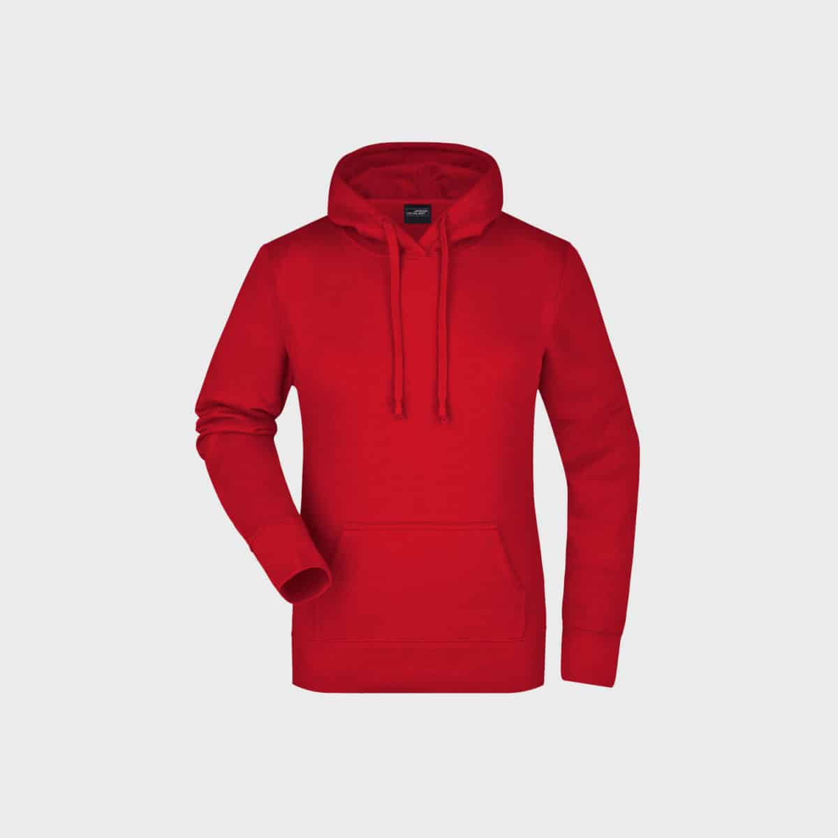 Ein leuchtend roter klassischer Damen-Hoodie wird vor einem schlichten weißen Hintergrund präsentiert. Der Hoodie verfügt über eine Vordertasche und Kordelzüge an der Kapuze, außerdem über lange Ärmel und eine entspannte Passform.