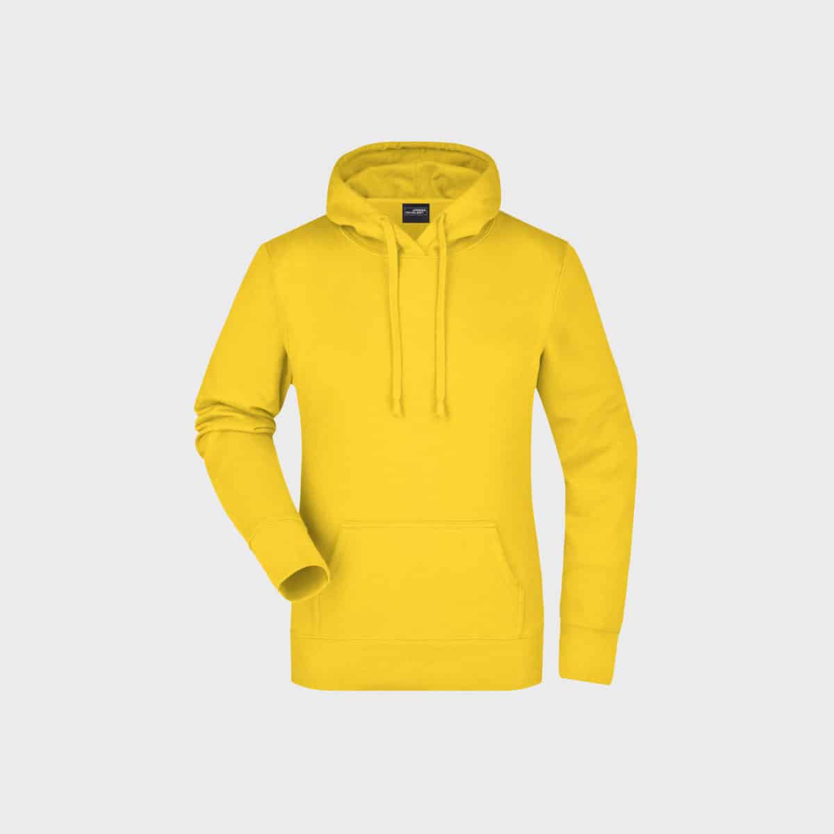 Der klassische Damen-Hoodie in leuchtendem Gelb verfügt über eine Kängurutasche auf der Vorderseite und passende Kordeln auf einem schlichten weißen Hintergrund. Dieser Hoodie hat lange Ärmel und einen gerippten Saum und Bündchen und sorgt für einen lässigen, bequemen Look.