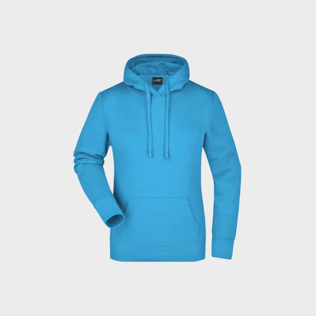 Ein klassischer Damen-Hoodie in leuchtendem Blau mit Fronttasche und Kordelzug ist auf einem schlichten weißen Hintergrund abgebildet. Der Hoodie hat lange Ärmel und ein tailliertes Design an Bündchen und Saum.