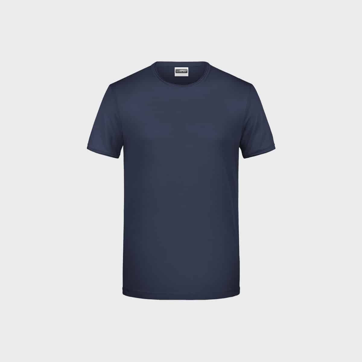 Auf weißem Hintergrund ist ein schlichtes, dunkelblaues, kurzärmeliges Herren-T aus Bio-Baumwolle abgebildet. Das T-Shirt aus weicher Bio-Baumwolle hat einen Rundhalsausschnitt und ein schlichtes Design ohne sichtbare Muster oder Logos.