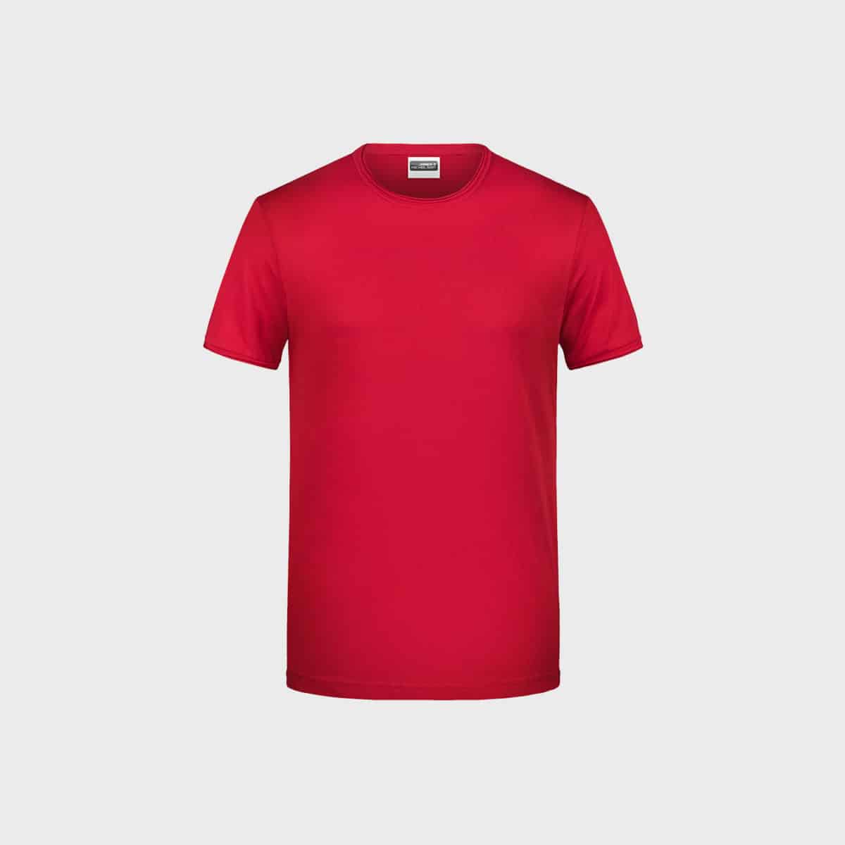 An image of a simple, short-sleeved men's T-shirt made of organic cotton in red on a white background. The organic cotton T-shirt has a round neckline with no visible logos or designs.
