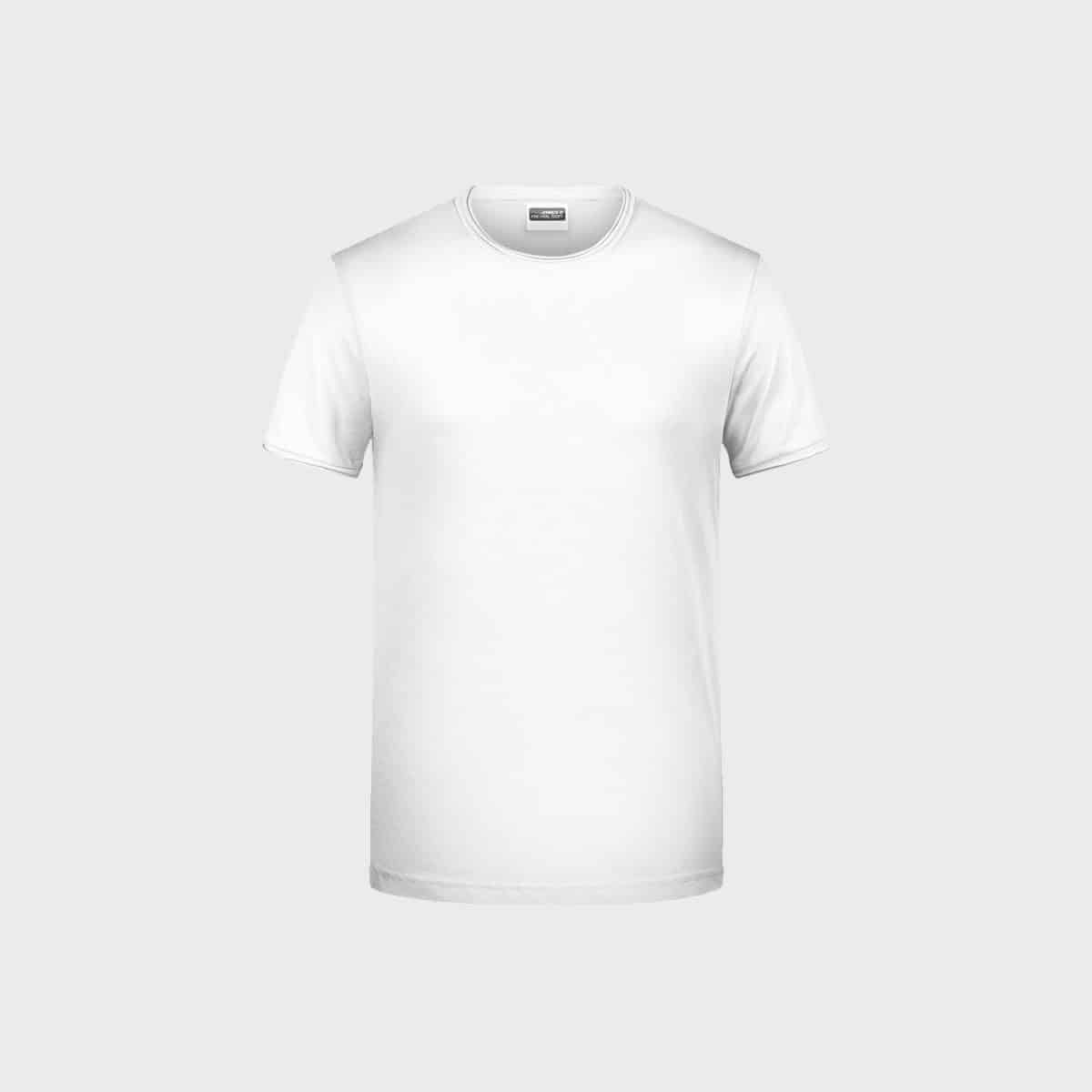 Ein schlichtes weißes Herren-T aus Bio-Baumwolle steht zentriert vor einem neutralen grauen Hintergrund. Das Shirt hat einen einfachen Rundhalsausschnitt ohne sichtbare Logos oder Designs, perfekt für diejenigen, die minimalistischen Stil und umweltfreundliche Materialien schätzen.