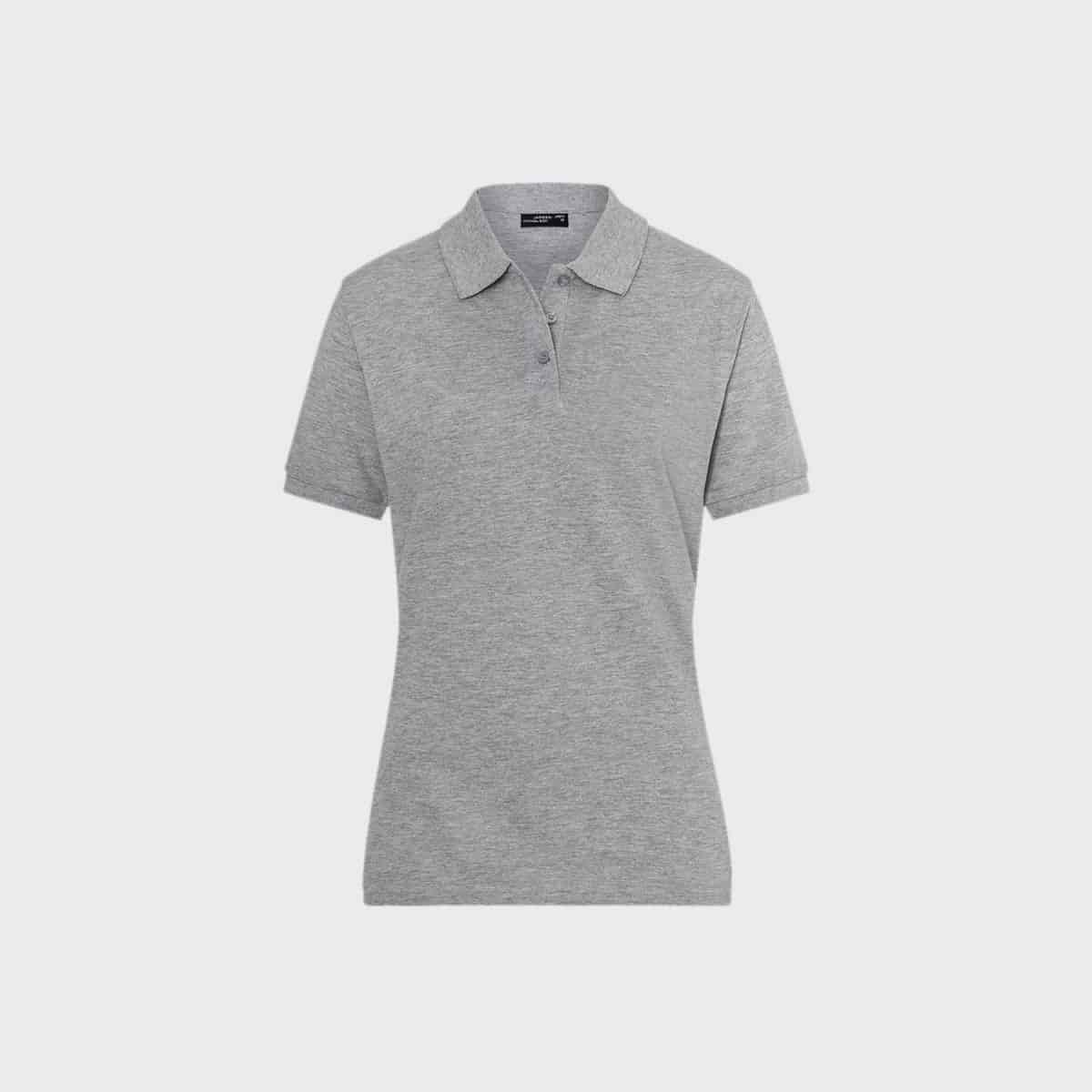 The Ladies Classic Polo, a classic gray short sleeve polo shirt, is pictured on a light gray background. With a traditional collar and two visible buttons, the fabric is soft and breathable, making it ideal for a casual or semi-formal look for women.