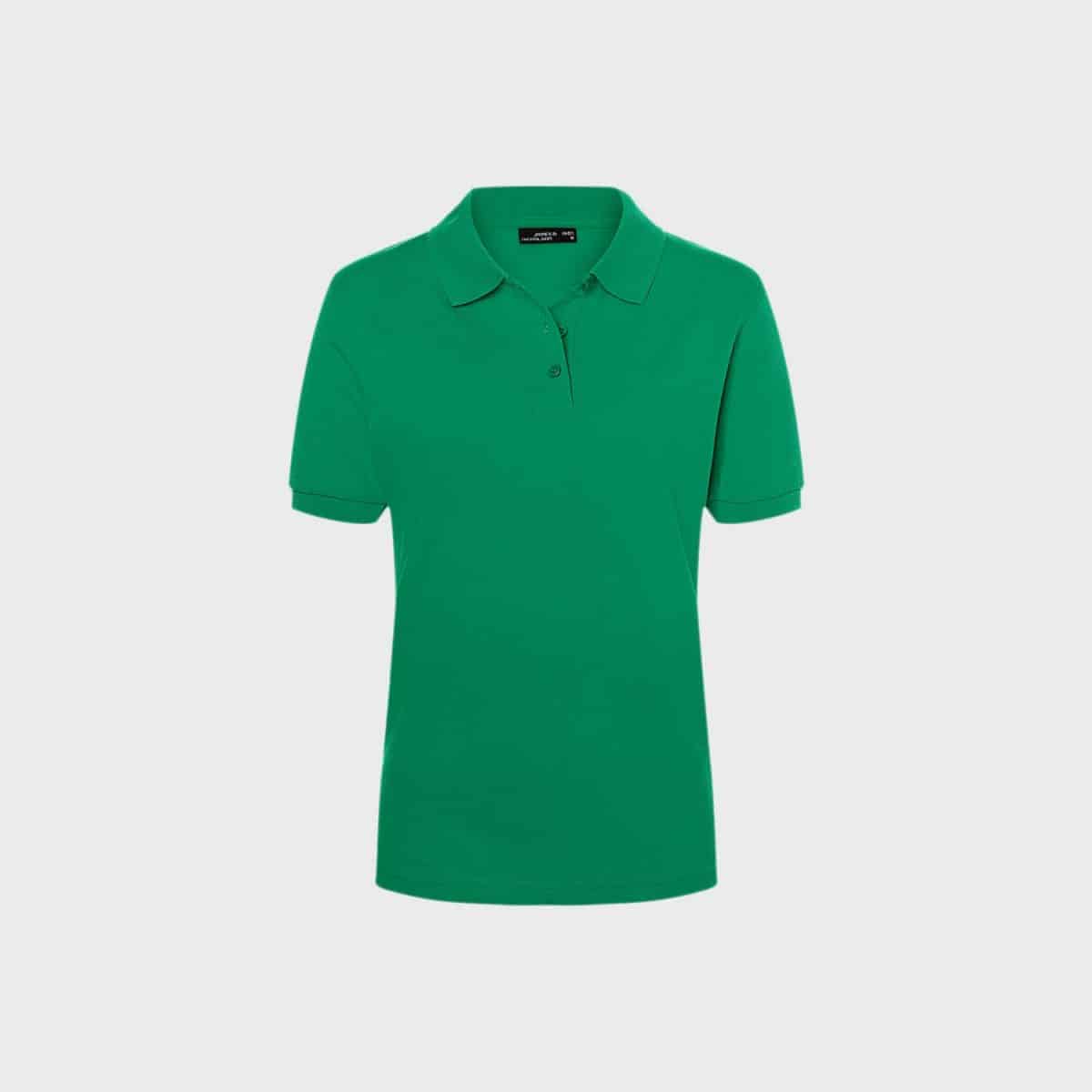 The Ladies Classic Polo is a classic, plain green shirt with short sleeves and collar on a white background. The shirt has a button-down placket with three buttons and looks new and neatly pressed.